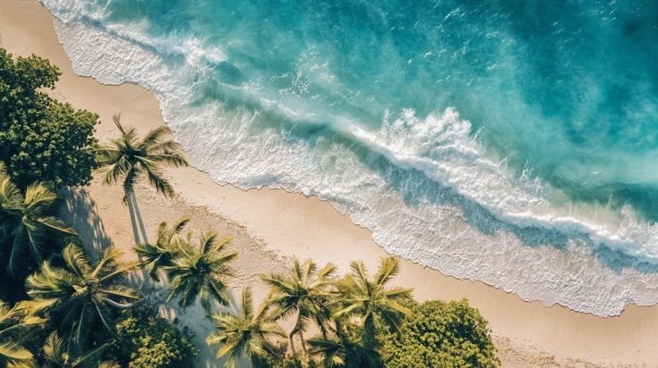 Bright turquoise coastline under a clear blue sky